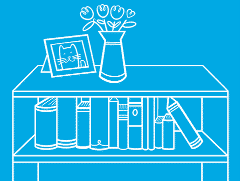 GIF con fondo azul que muestra una estantería con libros, un jarrón con flores y la imagen de un gato.