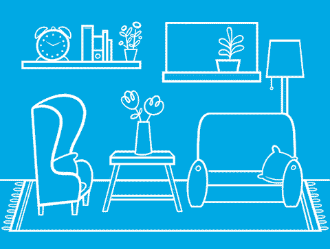 GIF con fondo azul que muestra un salón bien organizado con una caja de pañuelos sobre la mesa junto al sofá.