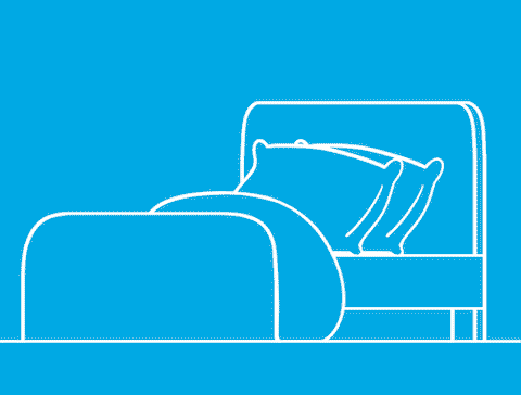 GIF con fondo azul que muestra una cama ordenada en un dormitorio.