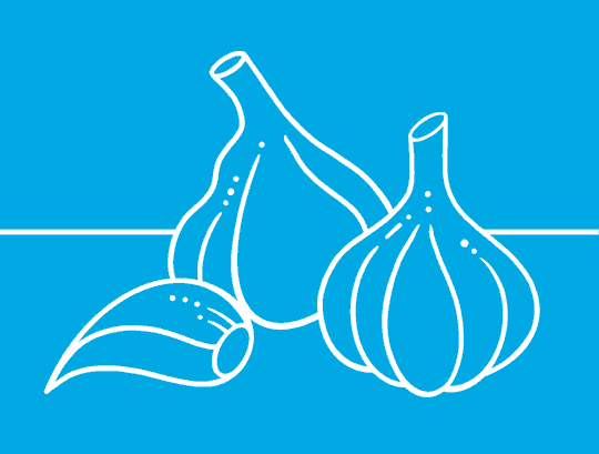 GIF em fundo azul ilustrado a linhas brancas. A sequência mostra duas cabeças de alho, uma chávena de chá quente e uma tigela com alimentos a fumegar.