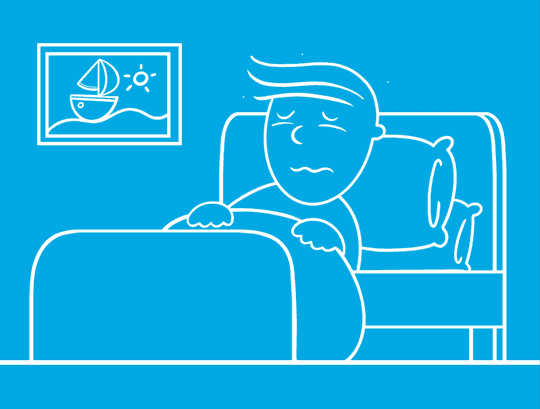 GIF em fundo azul ilustrado a linhas brancas mostra uma mão que oferece uma tigela fumegante a alguém deitado na cama, fazendo-o sorrir.